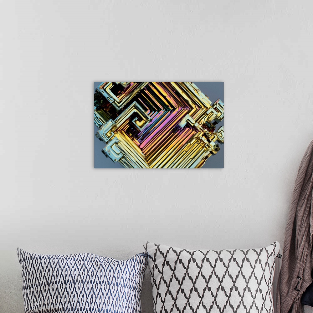 A bohemian room featuring Bismuth crystal. Bismuth is a heavy, brittle, crystalline metal. This rectangular crystal structu...