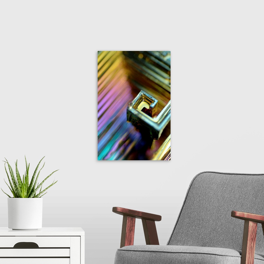 A modern room featuring Bismuth crystal. Bismuth is a heavy, brittle, crystalline metal. This rectangular crystal structu...