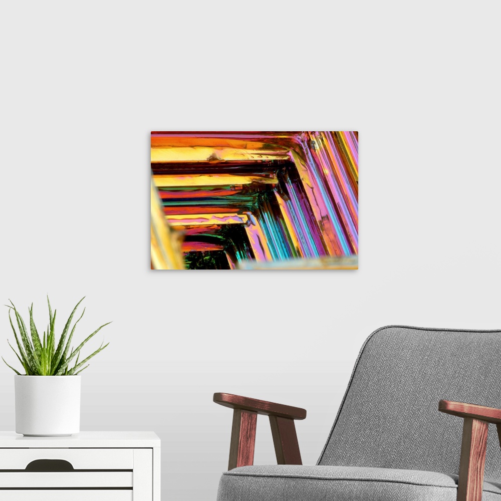A modern room featuring Bismuth crystal. Bismuth is a heavy, brittle, crystalline metal. This rectangular crystal structu...