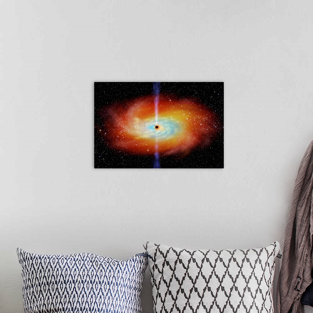 A bohemian room featuring Black hole. Computer artwork of a black hole and a surrounding accretion disc (red and blue) of m...