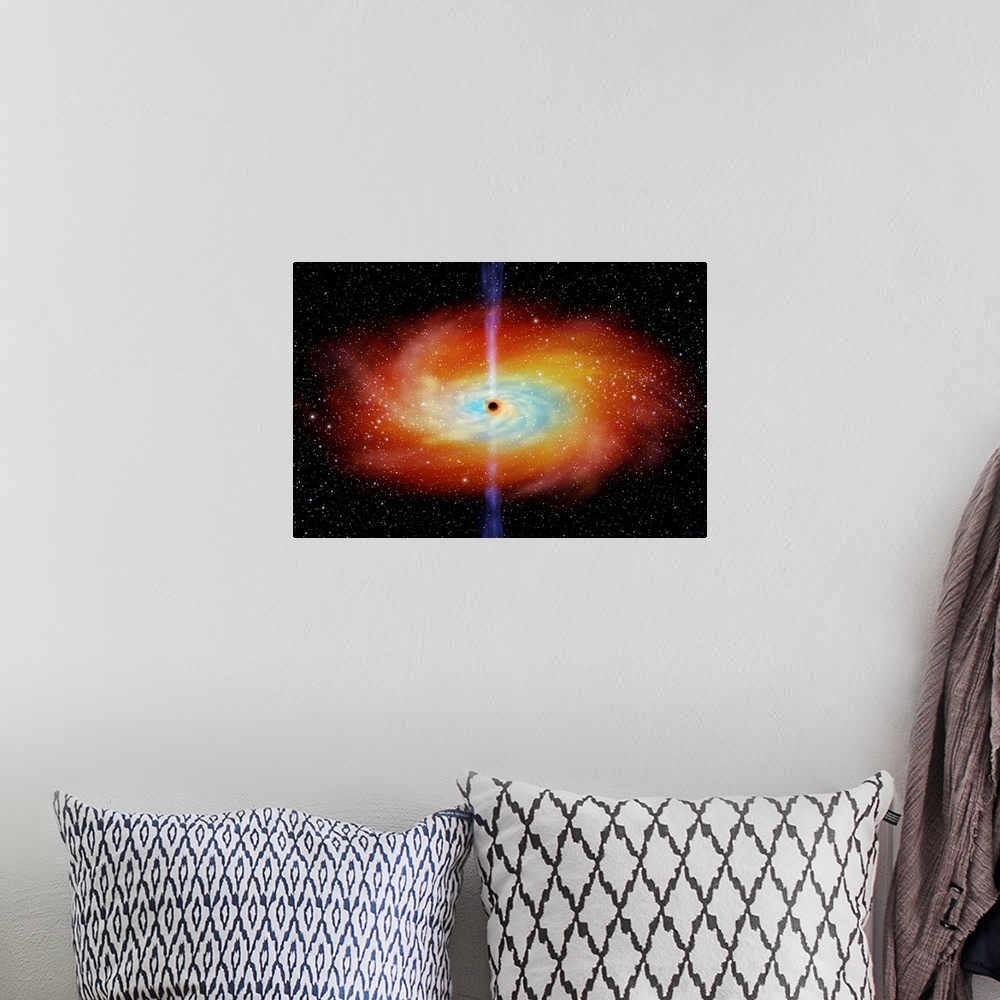 A bohemian room featuring Black hole. Computer artwork of a black hole and a surrounding accretion disc (red and blue) of m...