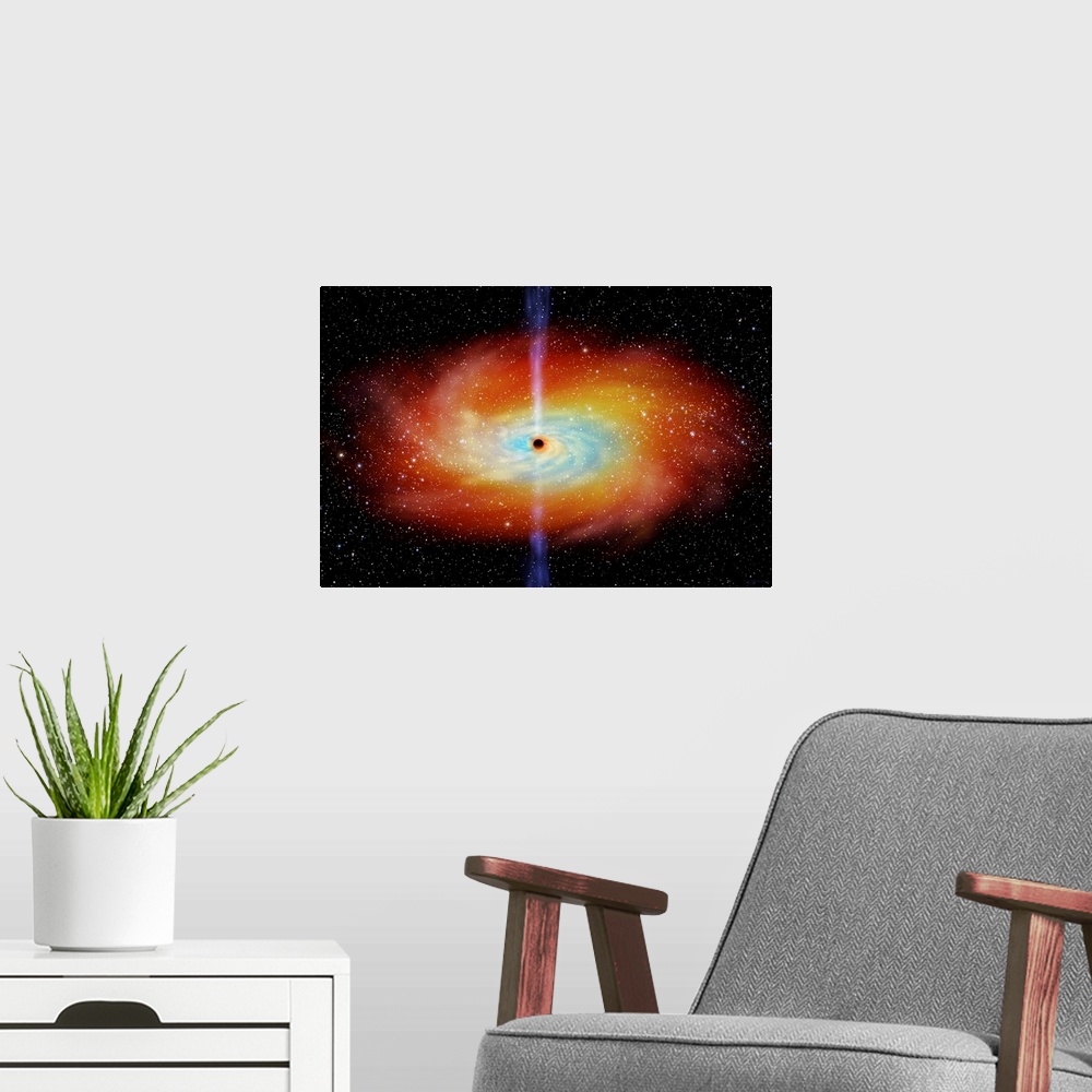 A modern room featuring Black hole. Computer artwork of a black hole and a surrounding accretion disc (red and blue) of m...