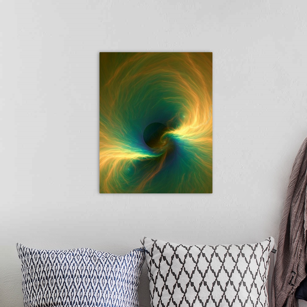 A bohemian room featuring Conceptual fractal illustration of material falling into a black hole, an object of extreme densi...