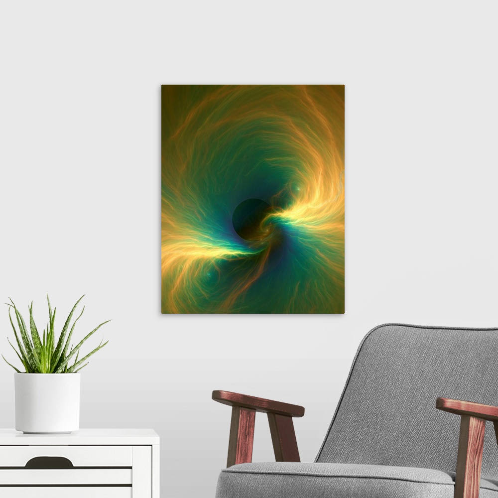 A modern room featuring Conceptual fractal illustration of material falling into a black hole, an object of extreme densi...