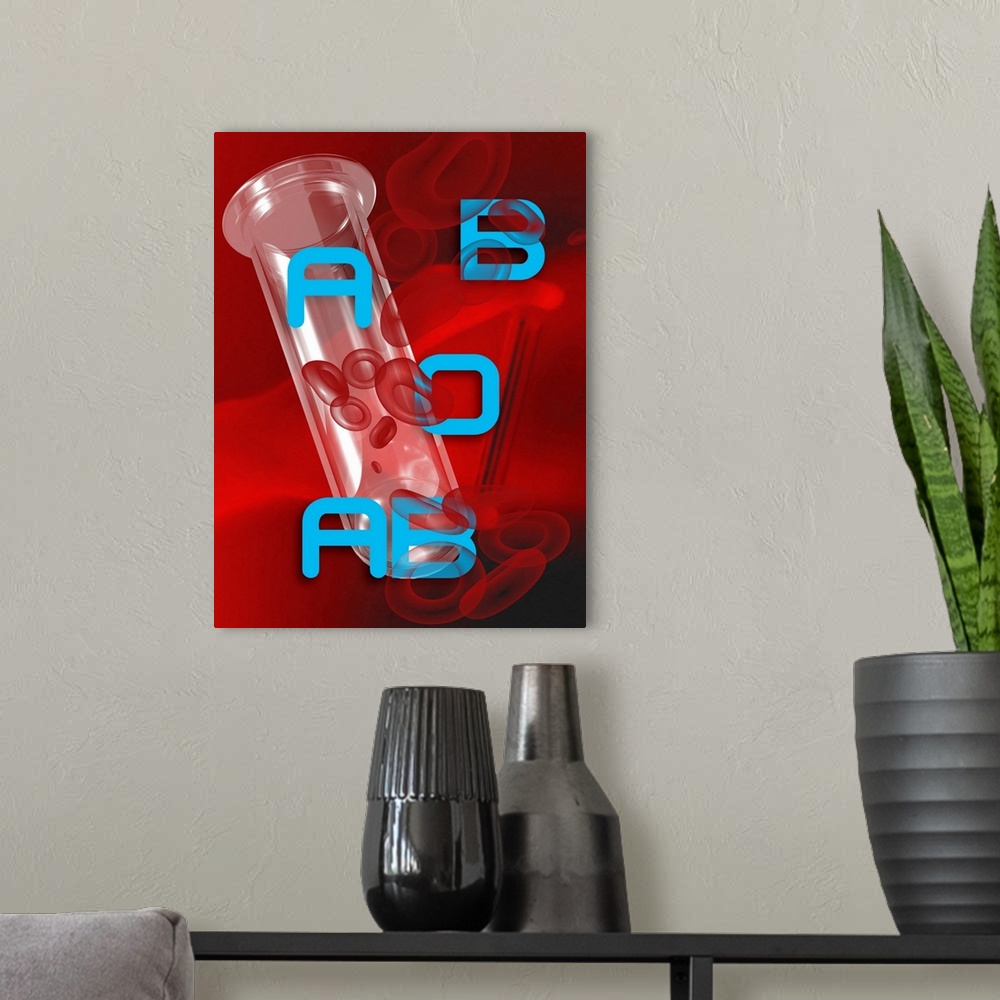 A modern room featuring Blood types, conceptual image. Computer artwork of a test tube containing red blood cells, with t...