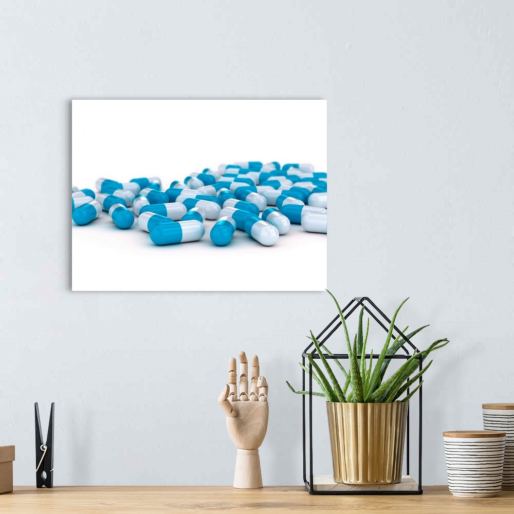 A bohemian room featuring Blue and white capsules, illustration.