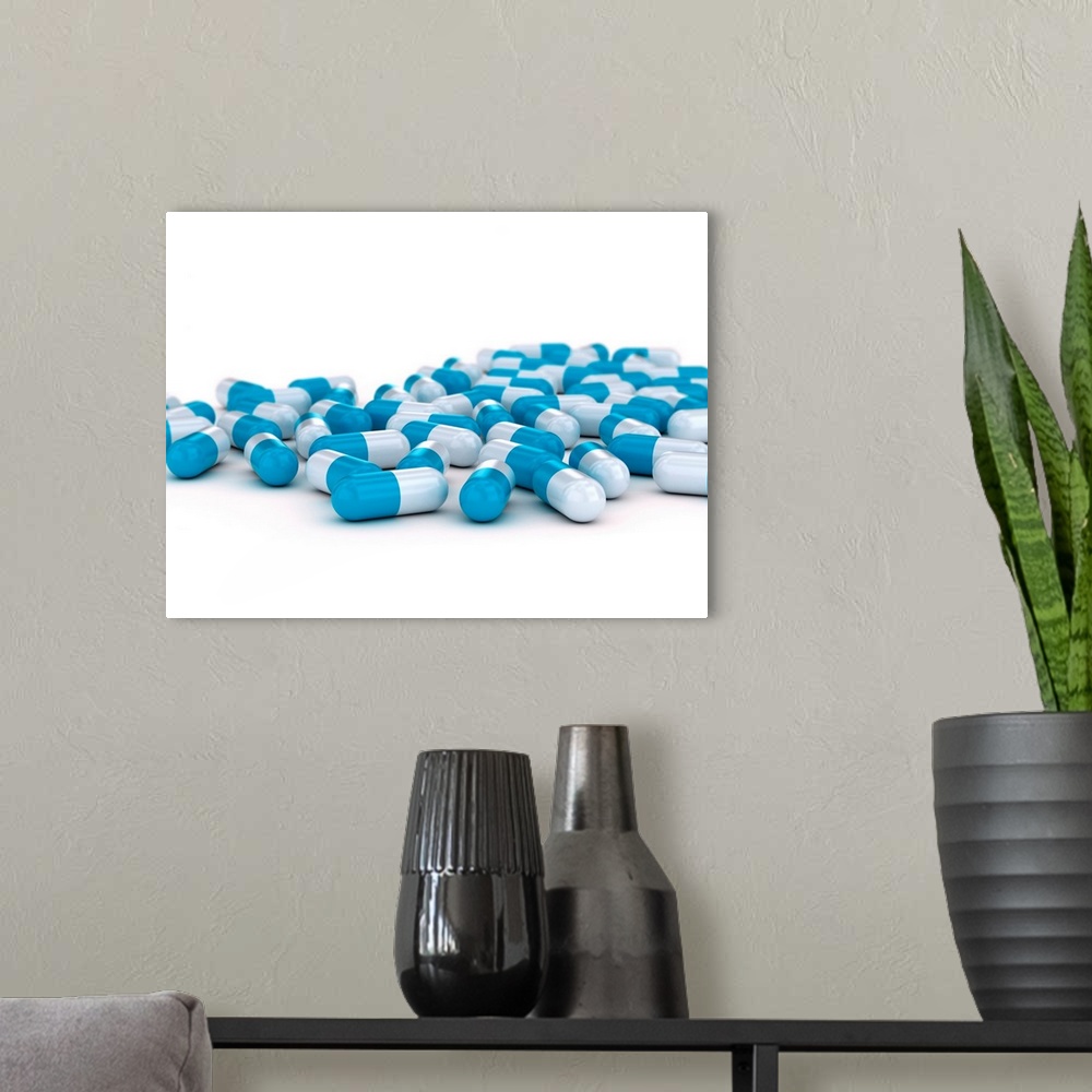 A modern room featuring Blue and white capsules, illustration.