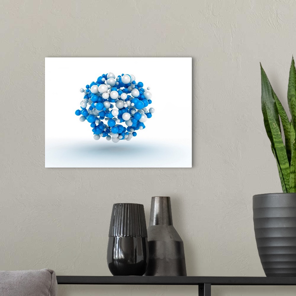 A modern room featuring Blue and white spheres, illustration.