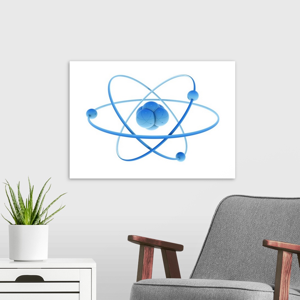 A modern room featuring Blue atoms and nucleus, illustration.