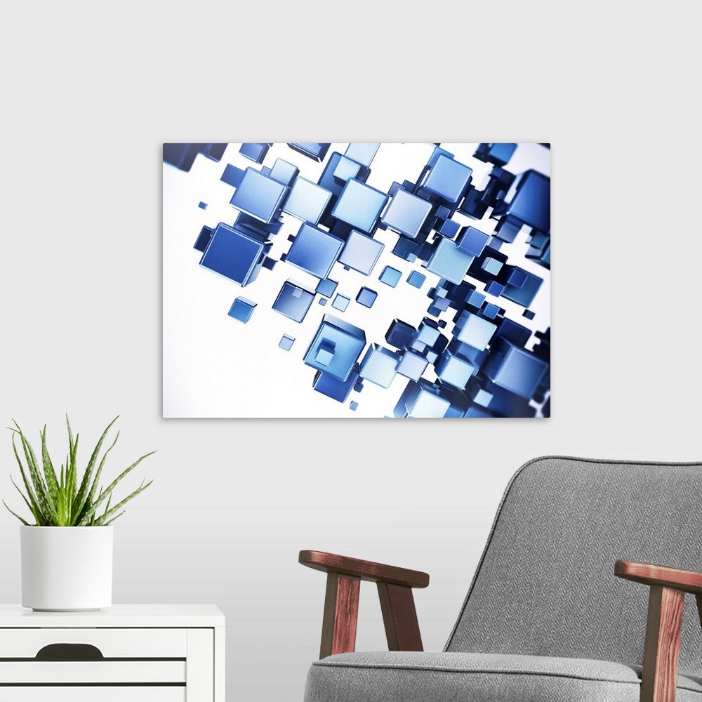 A modern room featuring Blue cubes against white background, illustration.