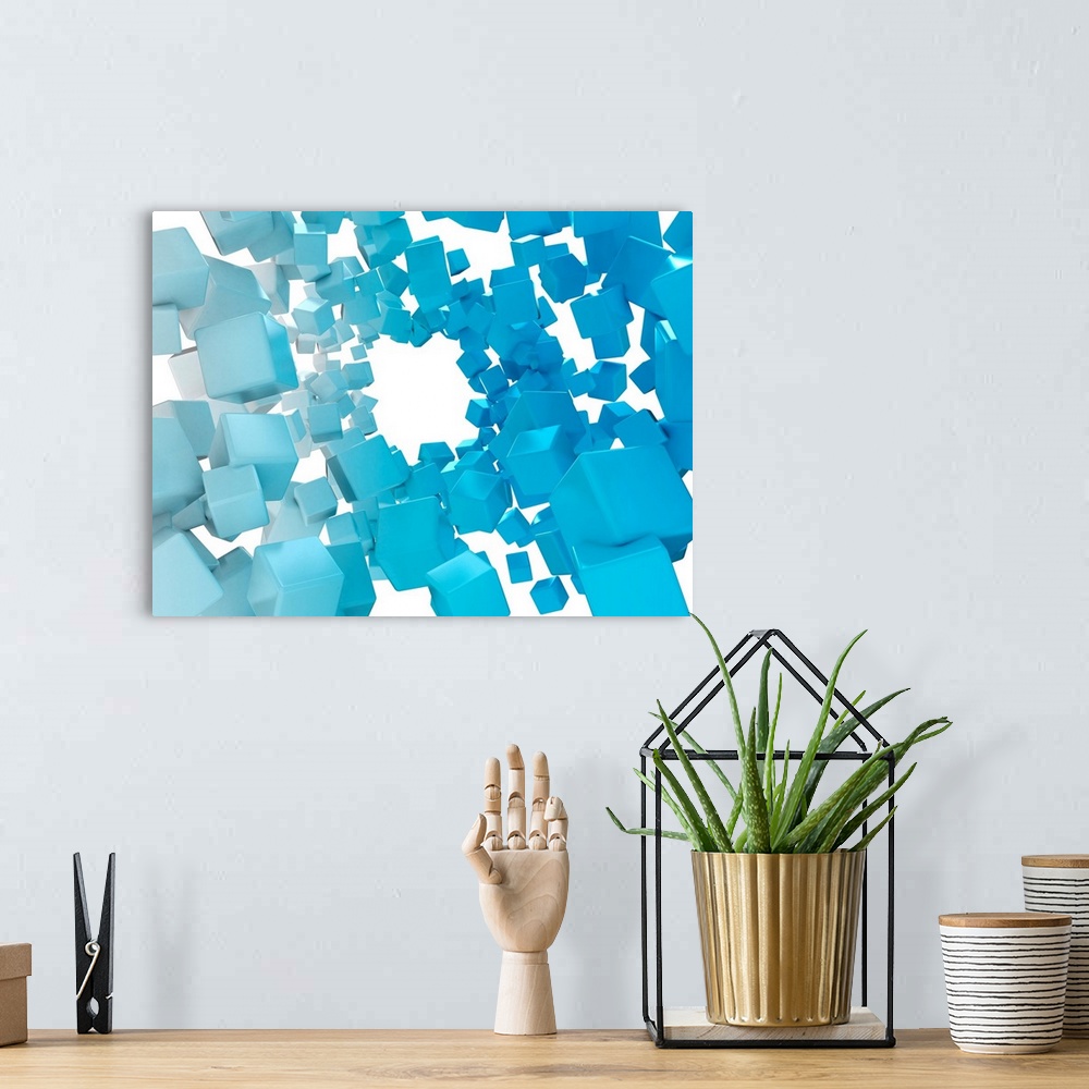 A bohemian room featuring Blue cubes against white background, illustration.