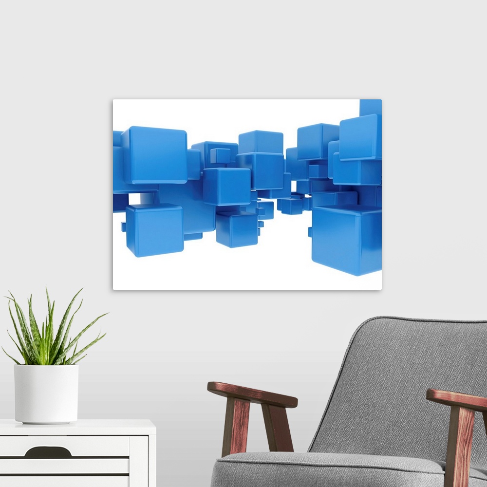A modern room featuring Blue cubes against white background, illustration.
