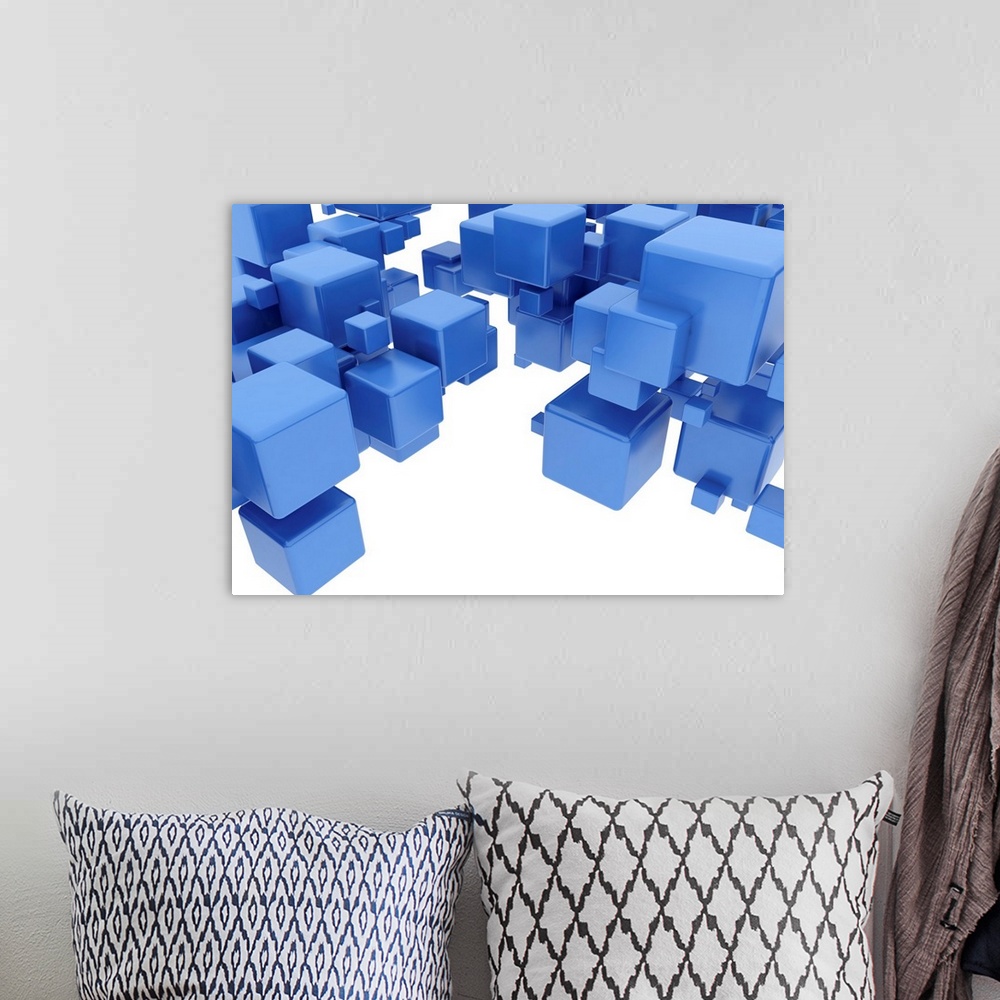 A bohemian room featuring Blue cubes, illustration.