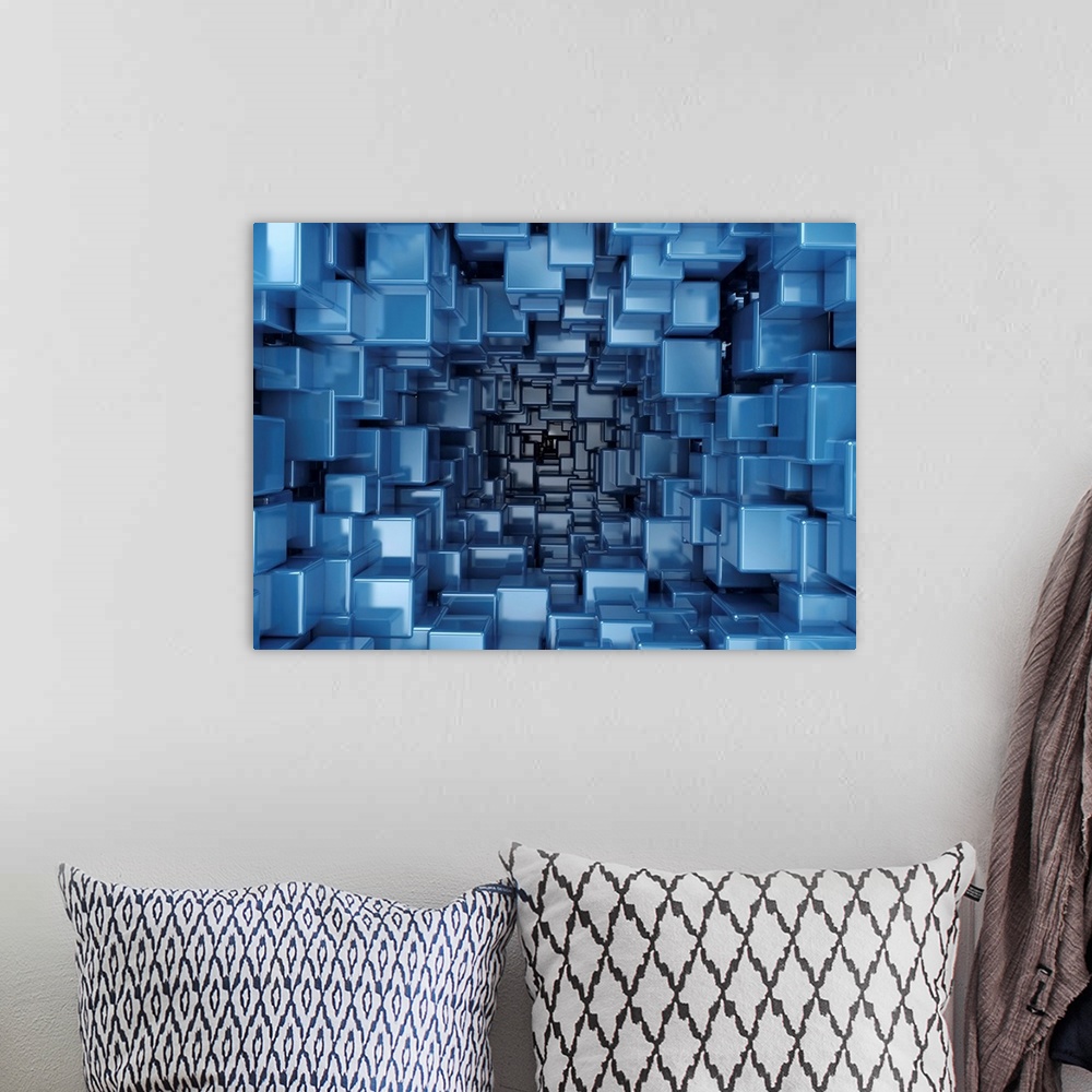 A bohemian room featuring Blue cubes, illustration.
