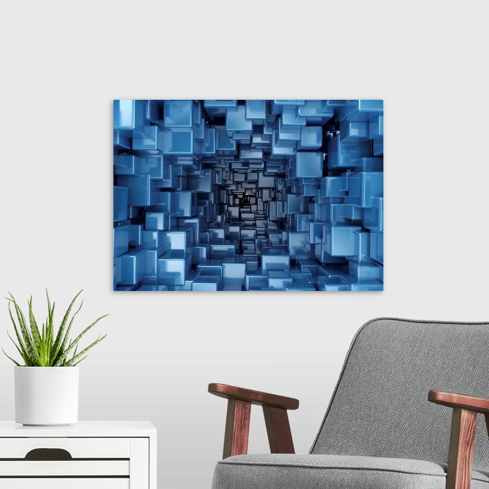 A modern room featuring Blue cubes, illustration.
