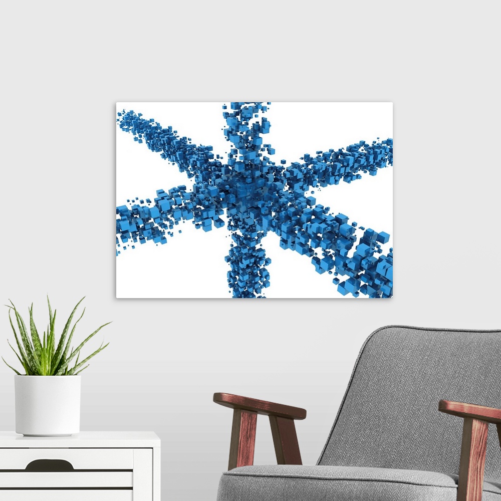A modern room featuring Blue cubes making a star shape, illustration.