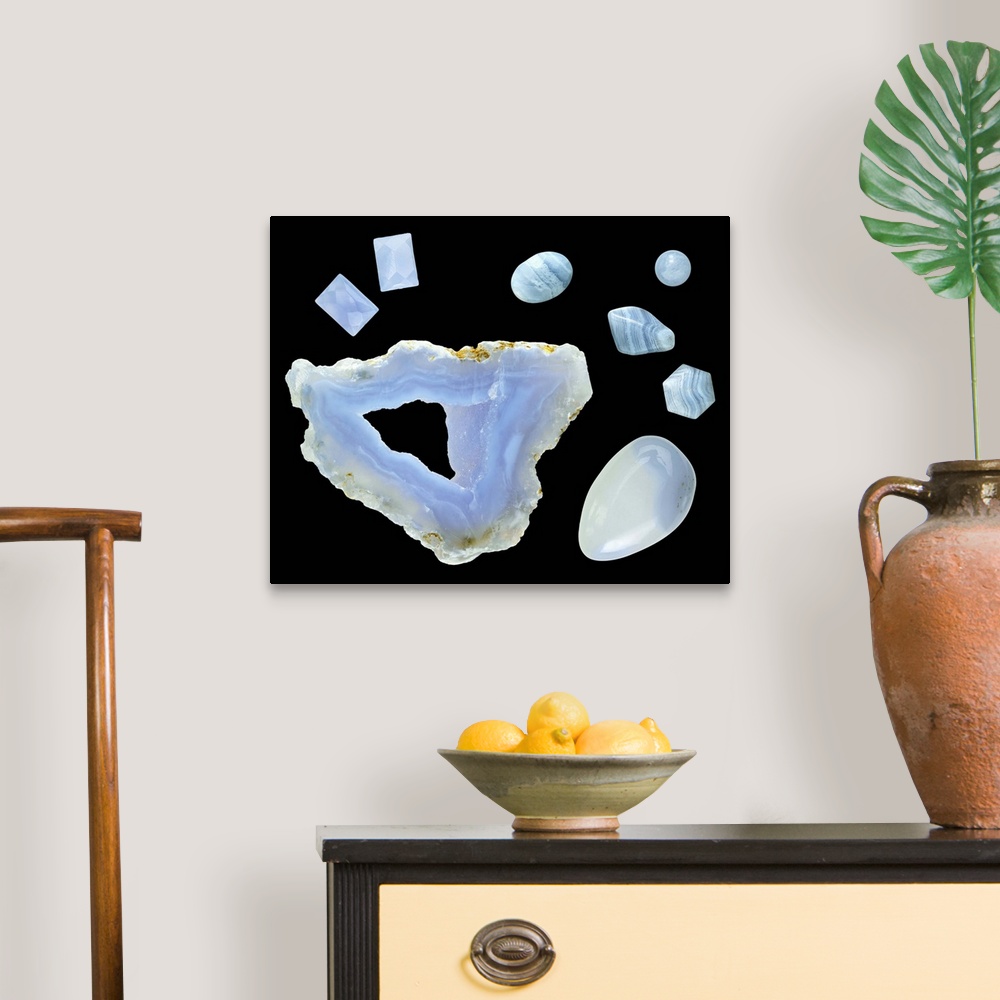 A traditional room featuring Blue lace agate. Cut and polished specimens are at top left, polished specimens are at right and ...