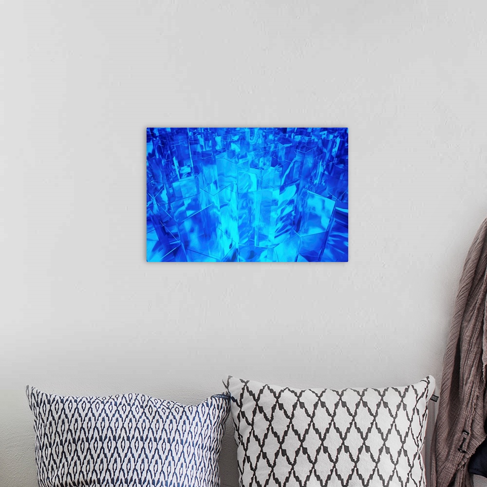 A bohemian room featuring Blue shapes, abstract illustration.