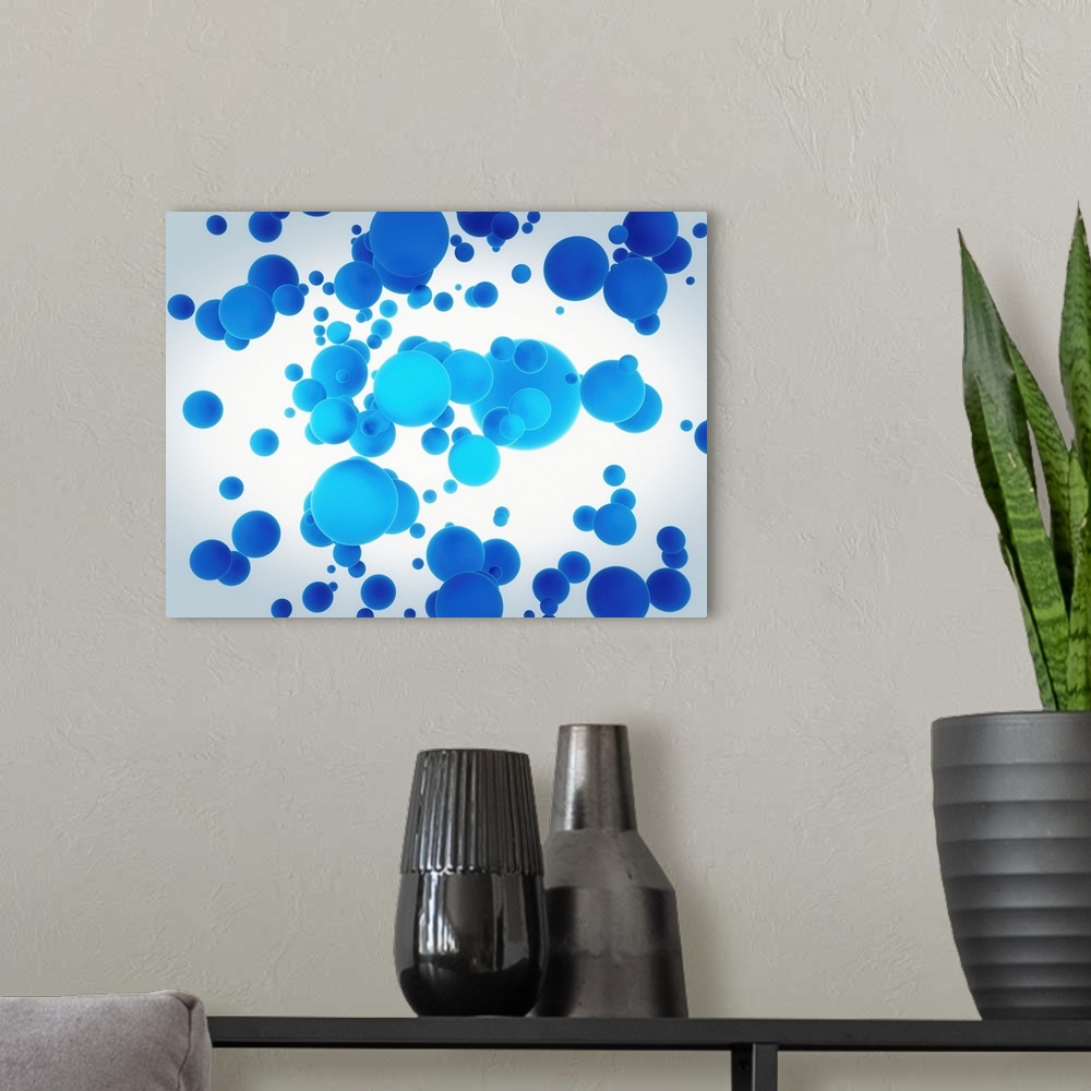 A modern room featuring Blue spheres, illustration.