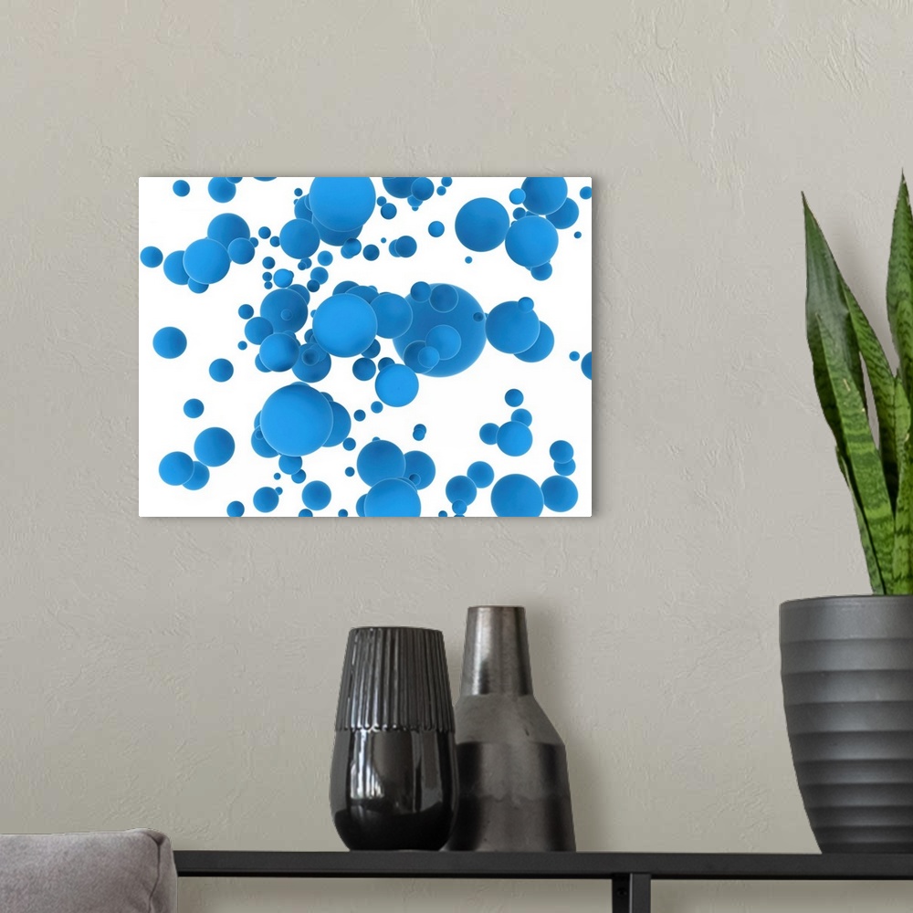 A modern room featuring Blue spheres, illustration.