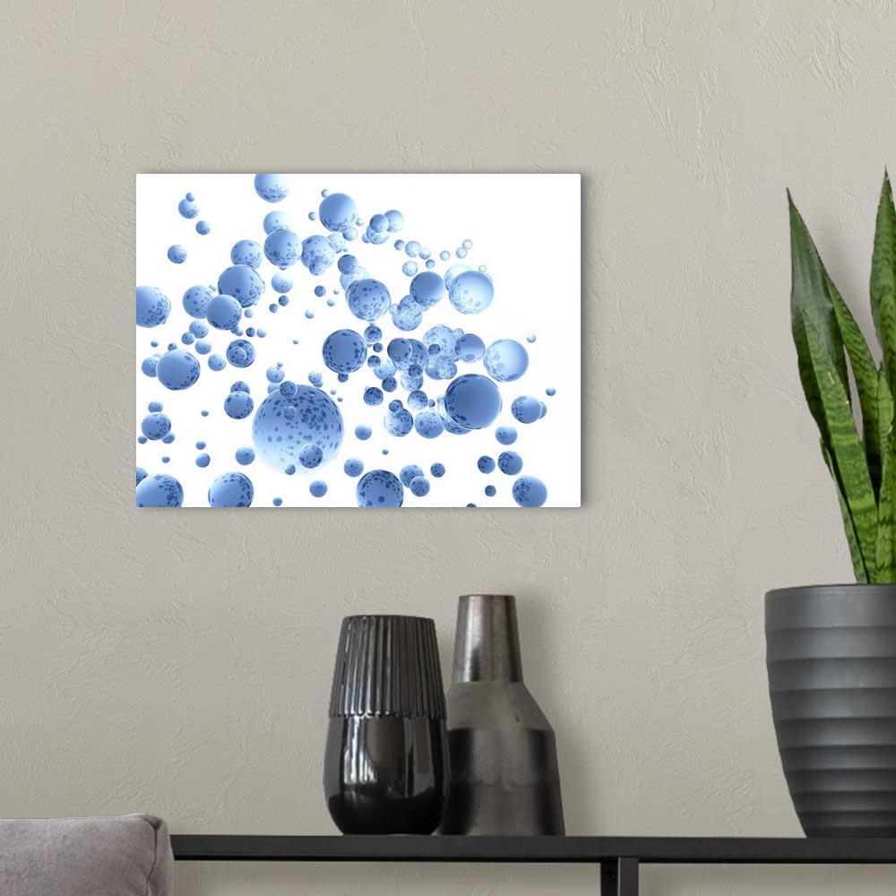 A modern room featuring Blue spheres against white background.