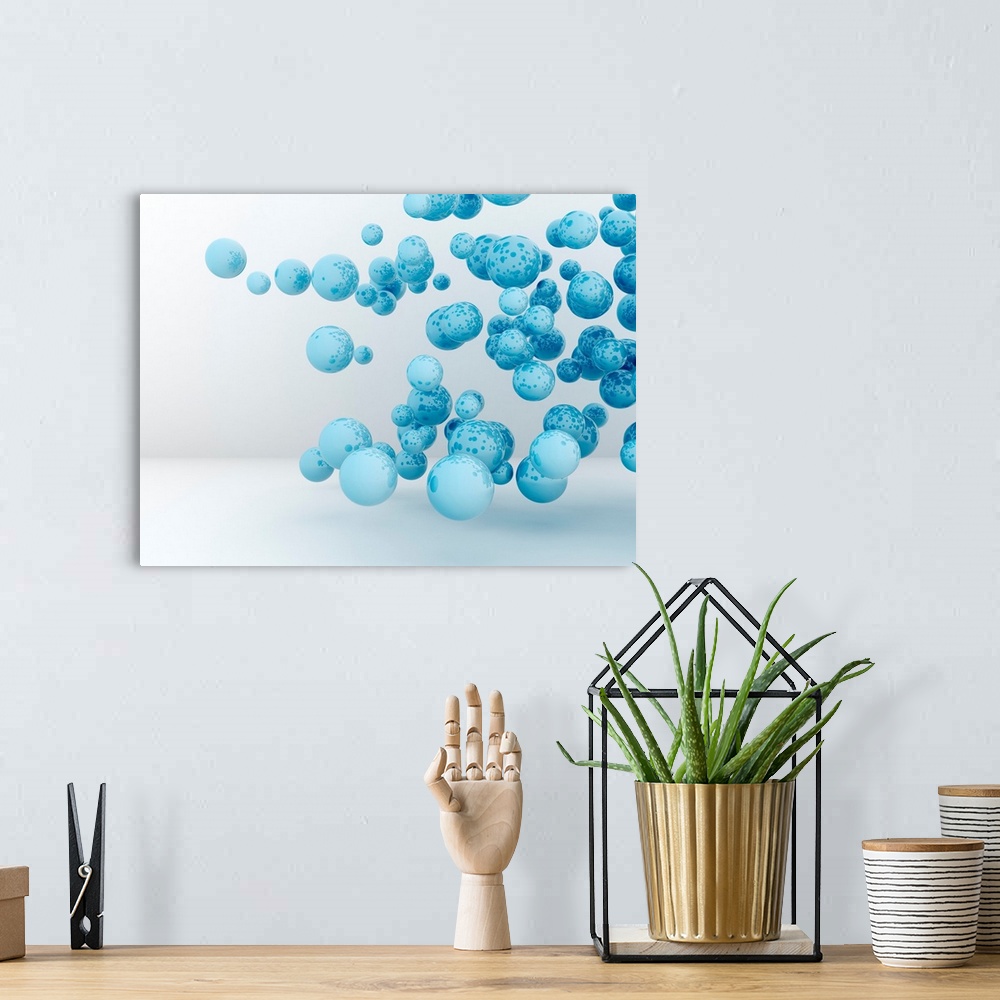 A bohemian room featuring Blue spheres, illustration.