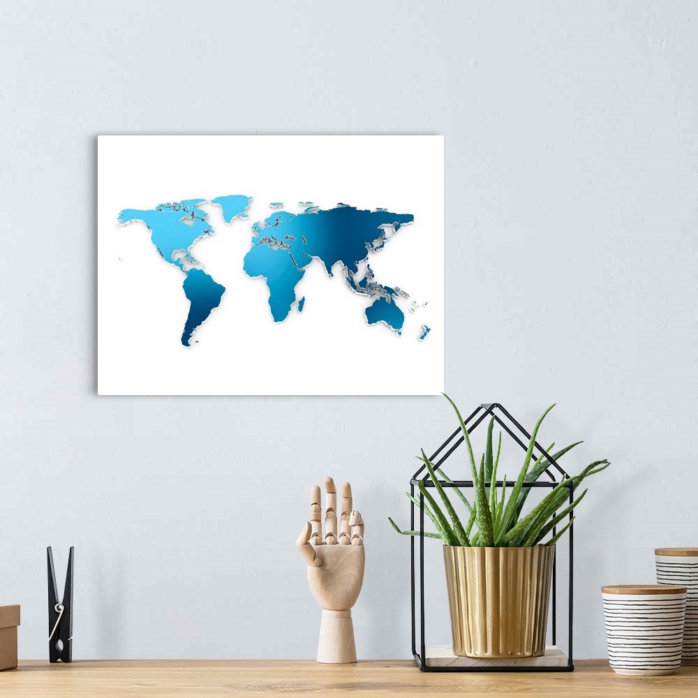 A bohemian room featuring Blue world map, illustration.