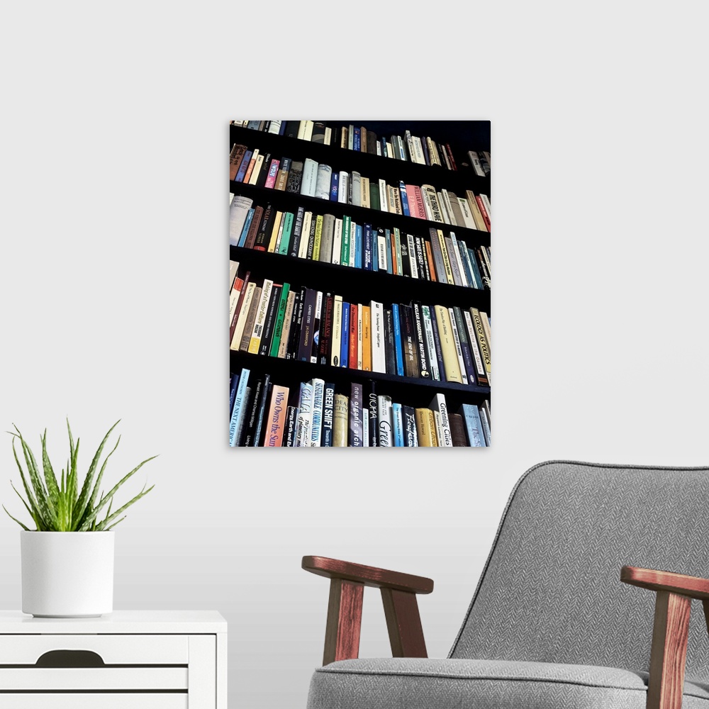 A modern room featuring Books on bookshelves.