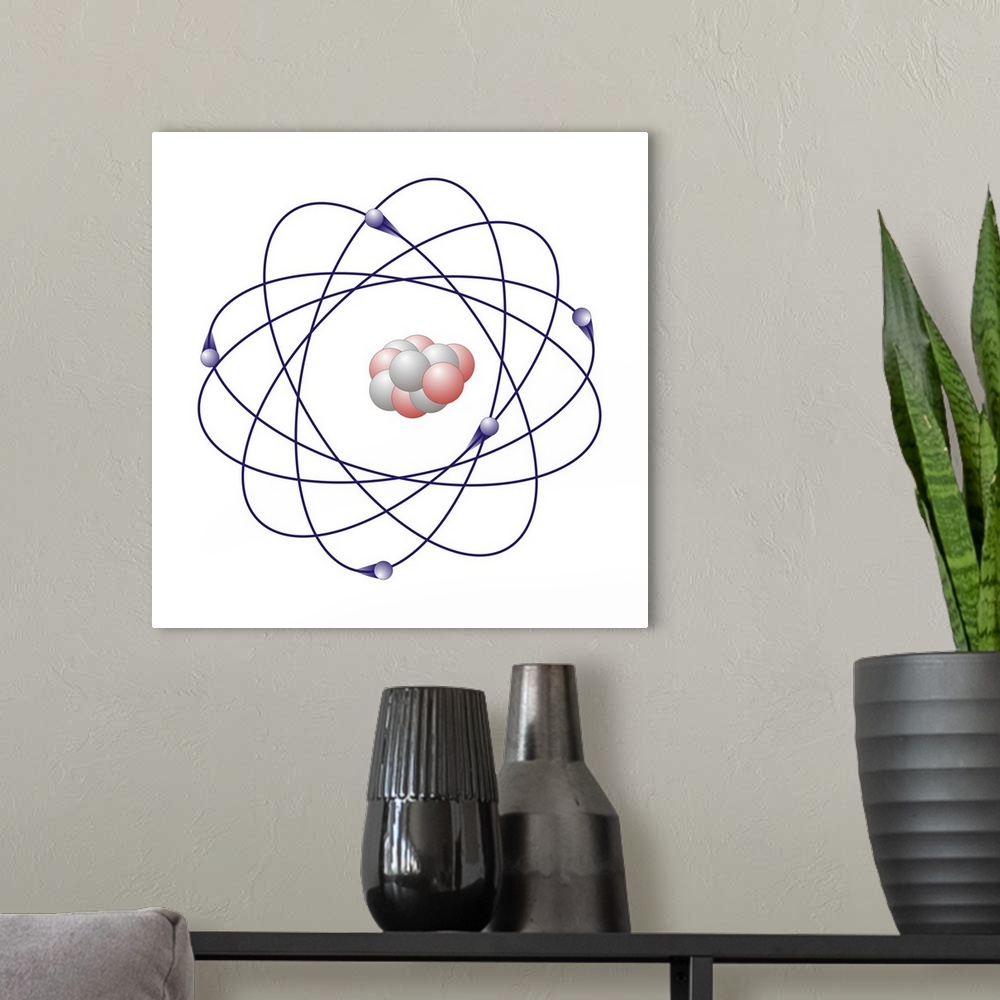 A modern room featuring Boron, atomic model. Boron has six neutrons (white) and five protons (pink) in its nucleus (centr...