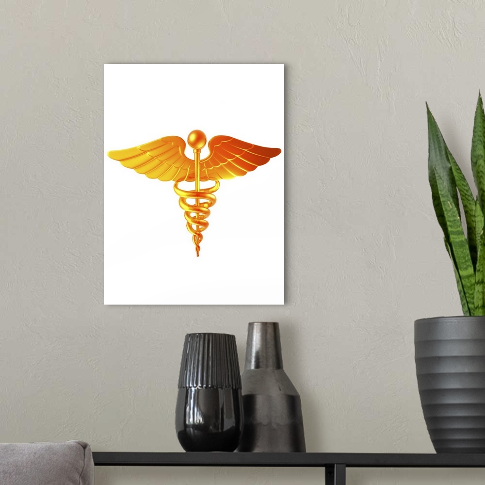 A modern room featuring Caduceus, computer artwork. The caduceus is an ancient symbol that is often associated with the m...