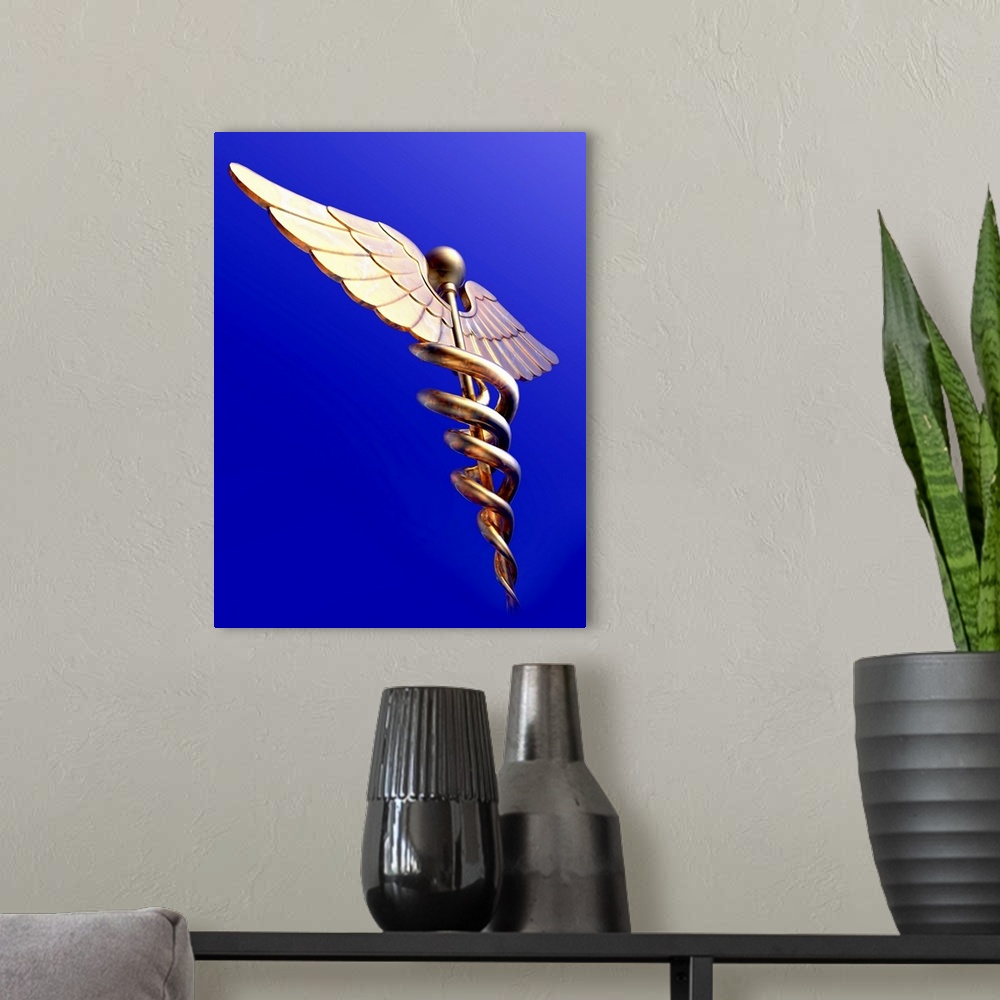 A modern room featuring Caduceus, computer artwork. The caduceus is an ancient symbol that is often associated with the m...