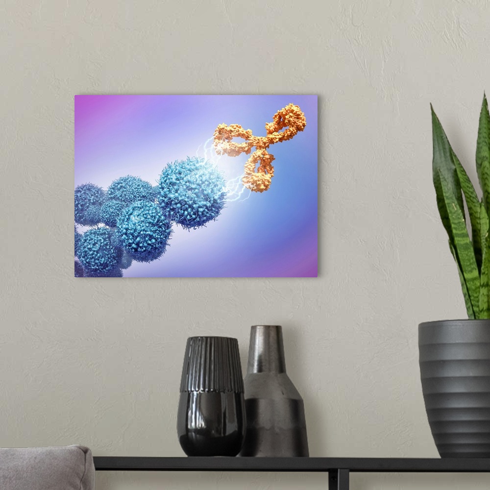 A modern room featuring Cancer drug attacking cancer cells. 3D computer illustration of the monoclonal antibody drug cetu...