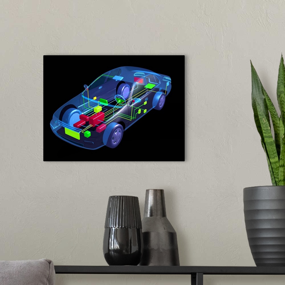 A modern room featuring Car design. Computer-aided design (CAD) image of a modern car. Wiring and electronics for functio...