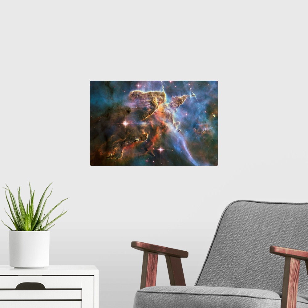 A modern room featuring Carina Nebula features, HST image. These pillars of gas and dust within the Carina Nebula are Her...