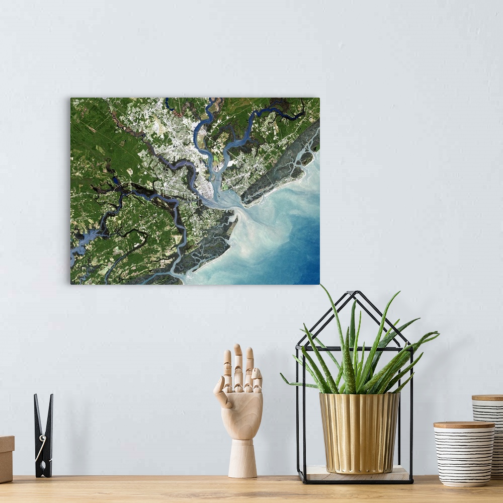 A bohemian room featuring Charleston, South Carolina, USA, satellite image. North is at top, water is blue, shallow coastal...