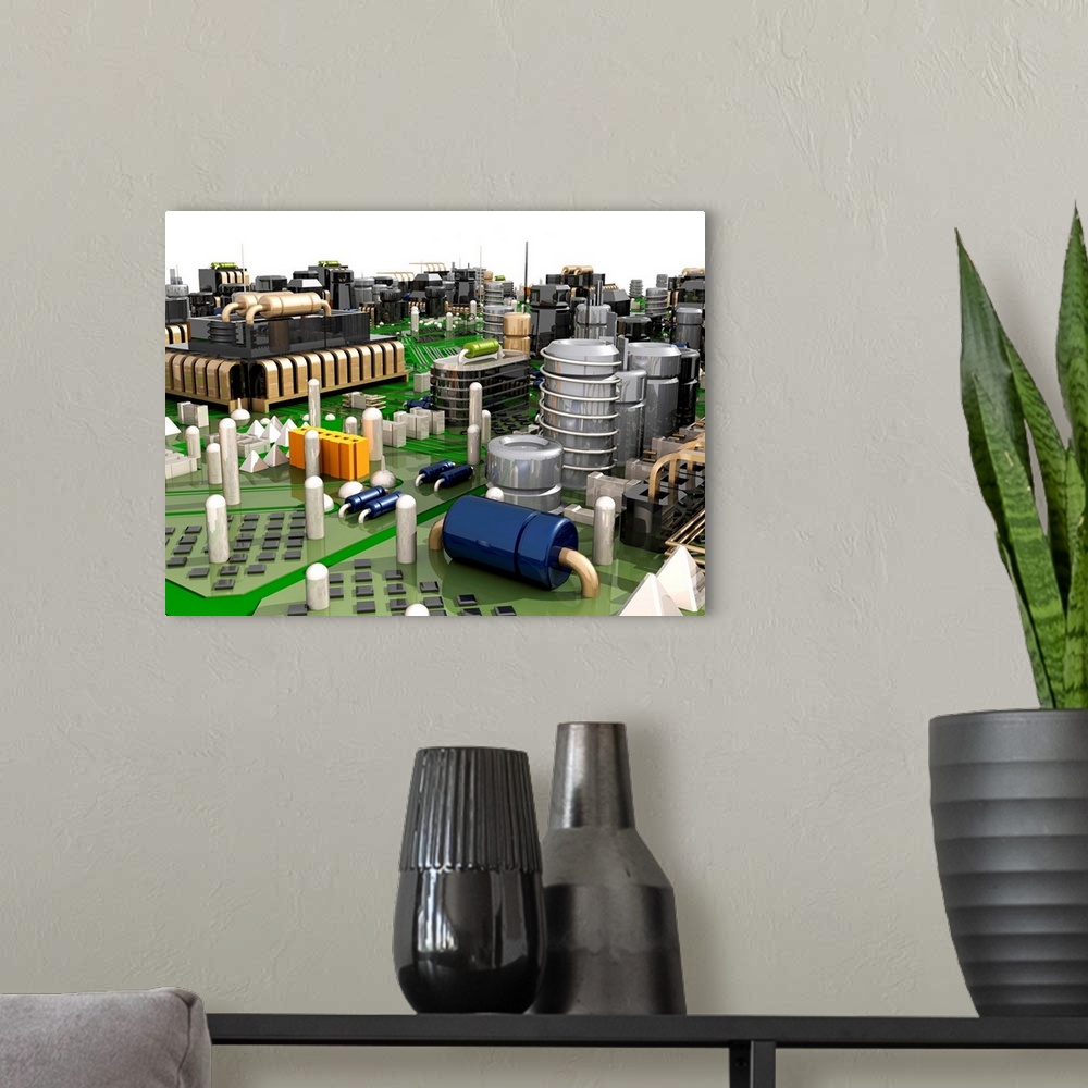 A modern room featuring Circuit board. Computer artwork depicting city scape made of electronic circuits.