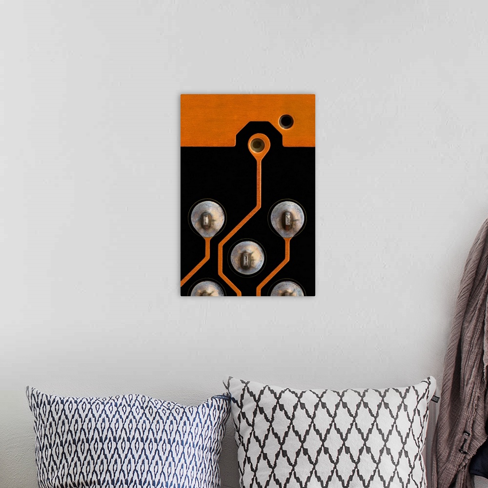 A bohemian room featuring Circuit board. Light micrograph of tin contacts and tracks (orange)on a multilayer printed circui...