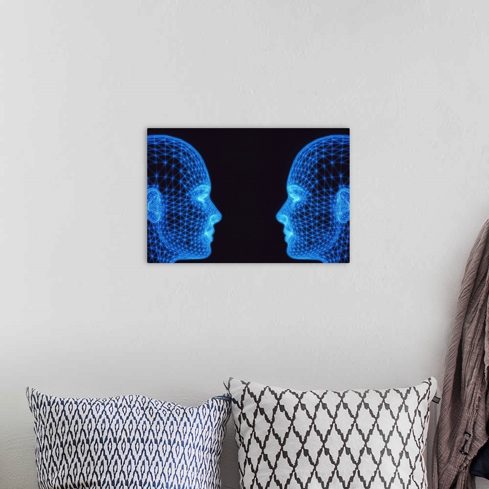 A bohemian room featuring Communication, conceptual computer illustration. Two heads facing each other.