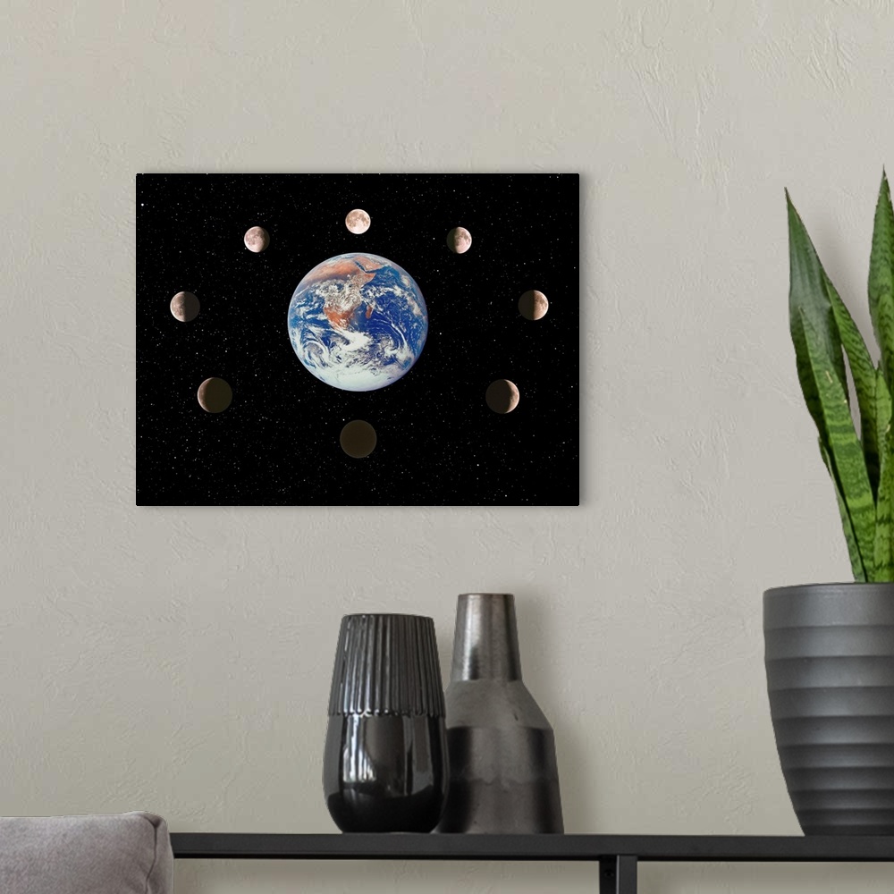 A modern room featuring Moon phases. Composite time-lapse image of the phases of the Moon, as seen from Earth during a lu...