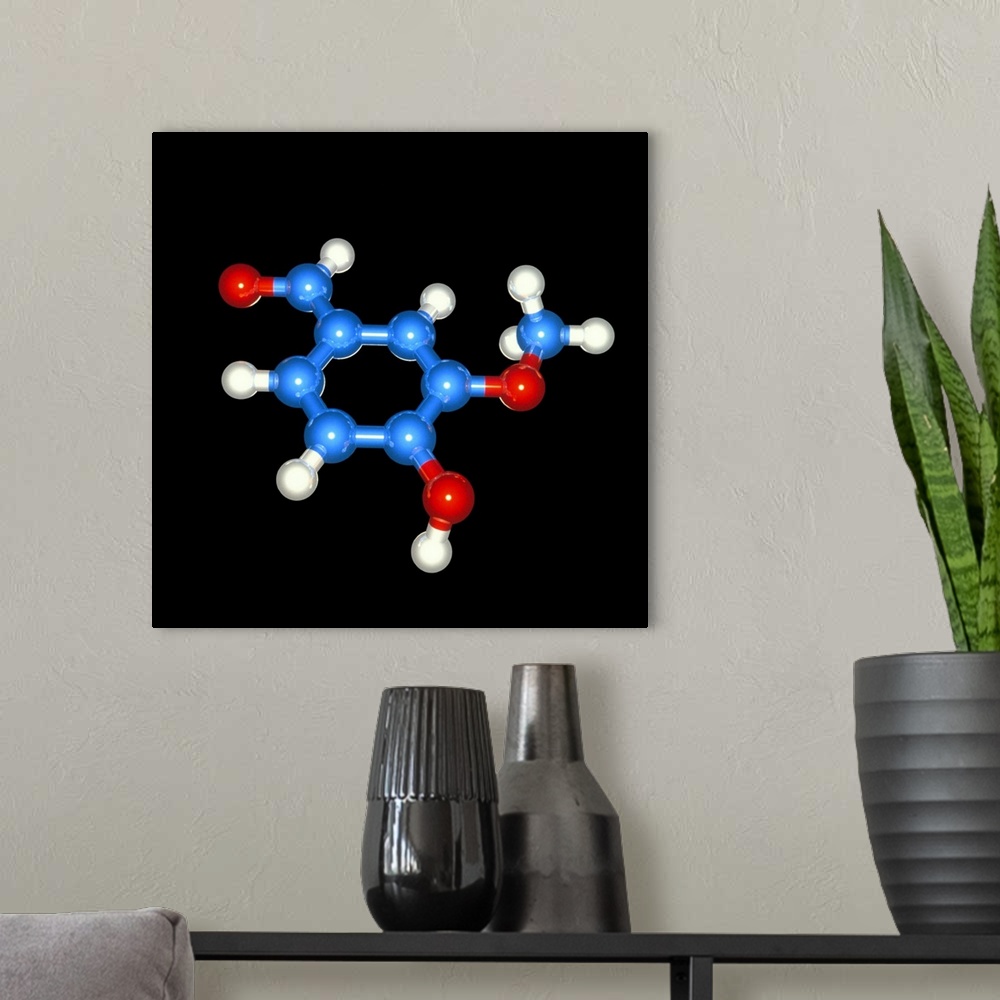 A modern room featuring Vanillin. Computer model of a molecule of vanillin (formula: C8H8O3). The atoms are spherical and...
