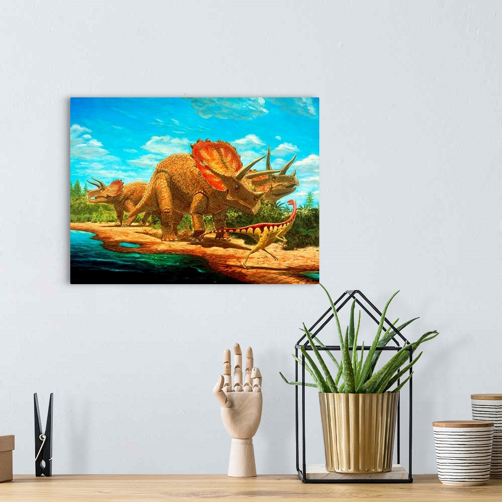 A bohemian room featuring Cretaceous dinosaurs. Artwork of two types of dinosaur that lived during the Cretaceous period (a...