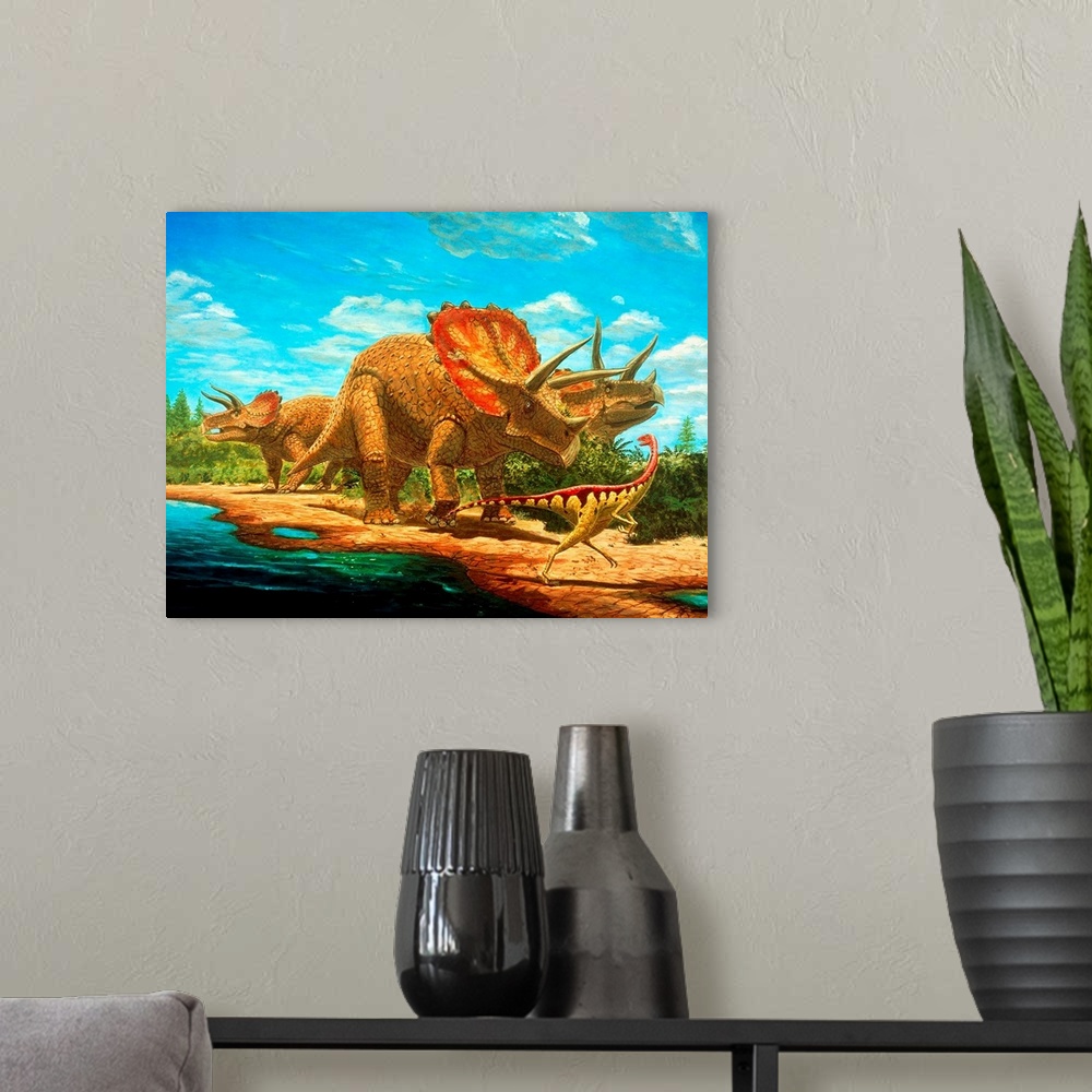 A modern room featuring Cretaceous dinosaurs. Artwork of two types of dinosaur that lived during the Cretaceous period (a...