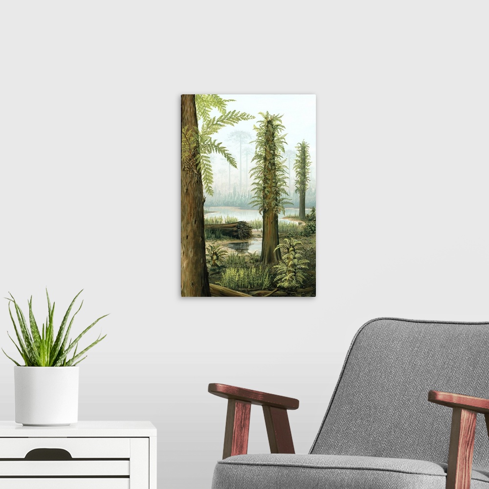A modern room featuring Cretaceous tree ferns. Artwork showing several Tempskya tree ferns, depicted in the Lower to Mid-...