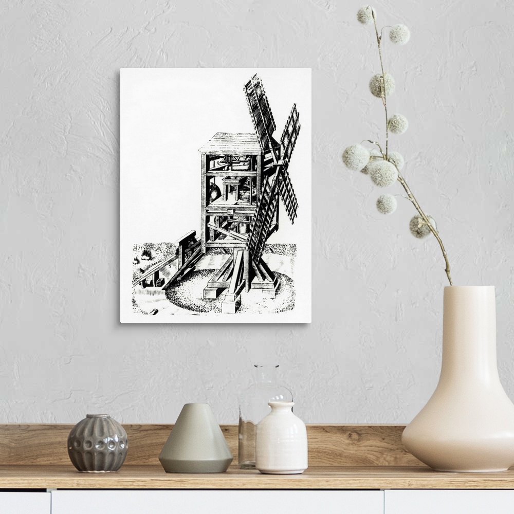 A farmhouse room featuring Windmill. 16th century cut-away diagram of a windmill used for grinding corn. The shaft attached ...
