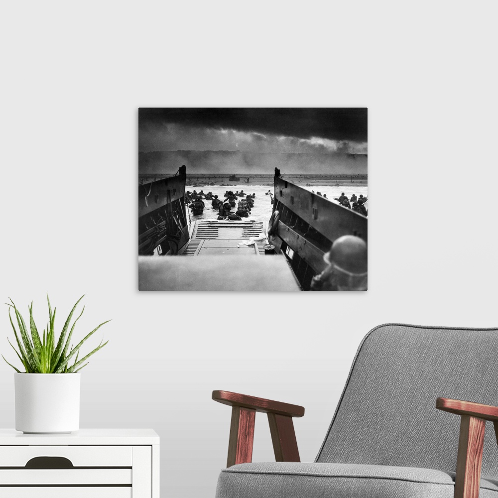 A modern room featuring D-Day landings. US Coast Guard-manned LCVP disembarking troops on the morning of 6 June 1944 at O...