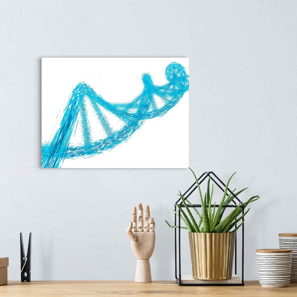 A bohemian room featuring Computer artwork of a dissolving DNA. DNA is composed of two strands twisted into a double helix....