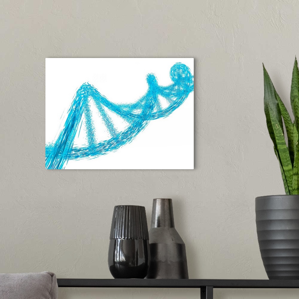 A modern room featuring Computer artwork of a dissolving DNA. DNA is composed of two strands twisted into a double helix....
