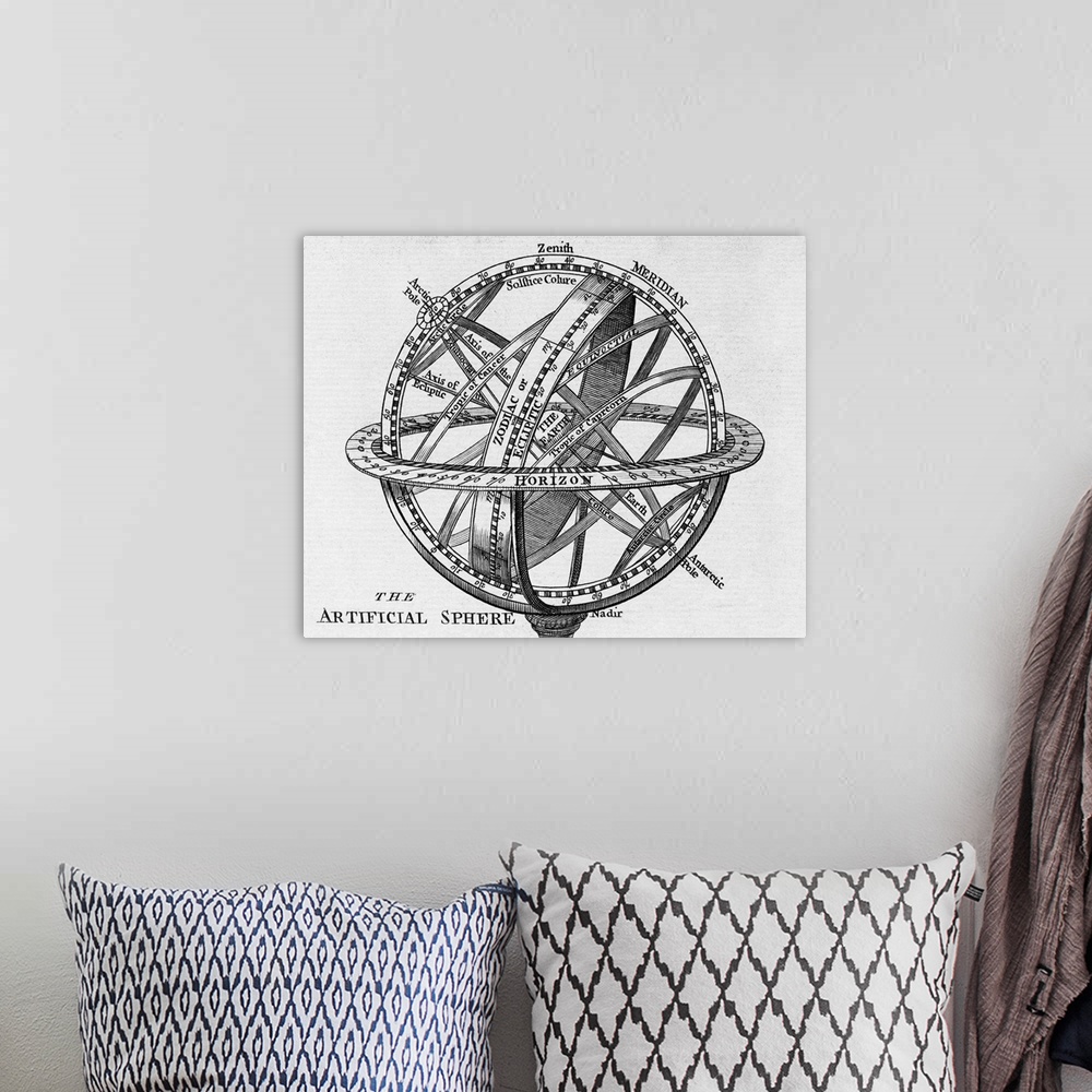 A bohemian room featuring Armillary sphere. 18th century engraving of an armillary sphere, here termed an 'artificial spher...