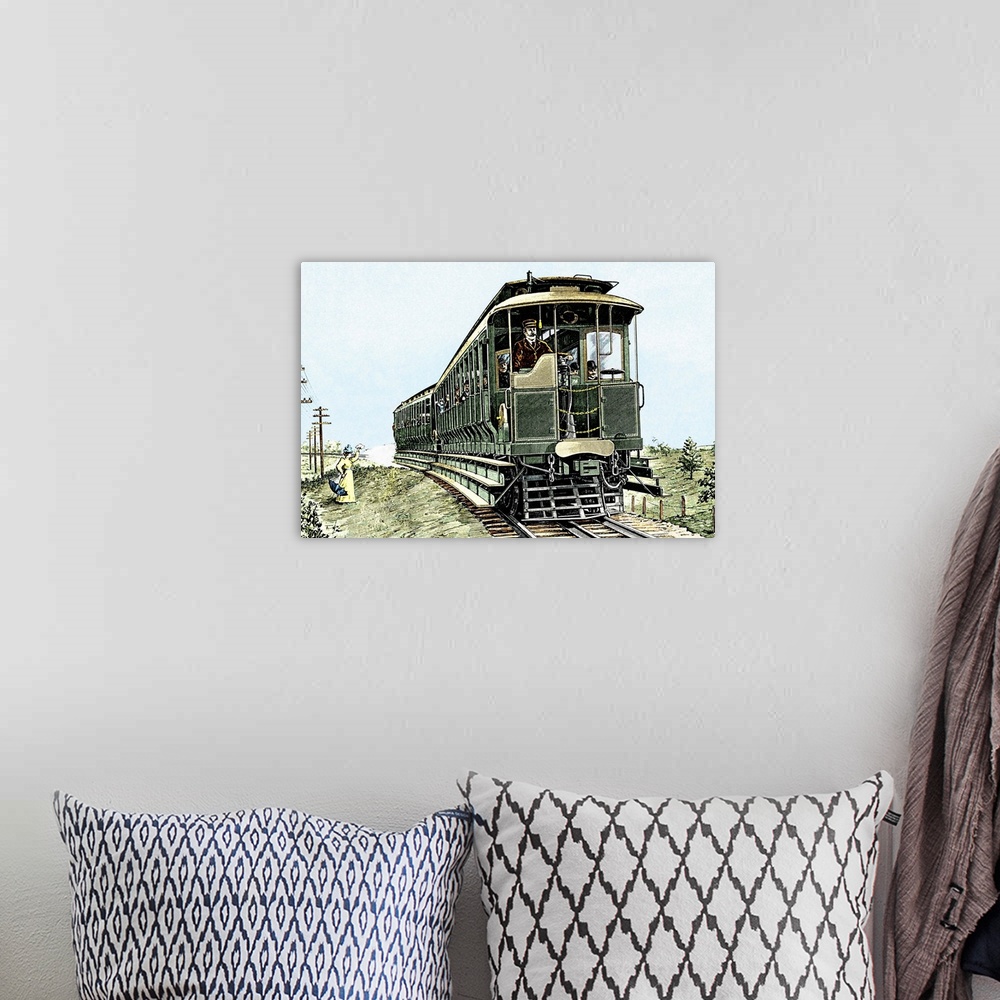 A bohemian room featuring Early electric train. Historical artwork of an early electric train used in Connecticut, USA. Thi...
