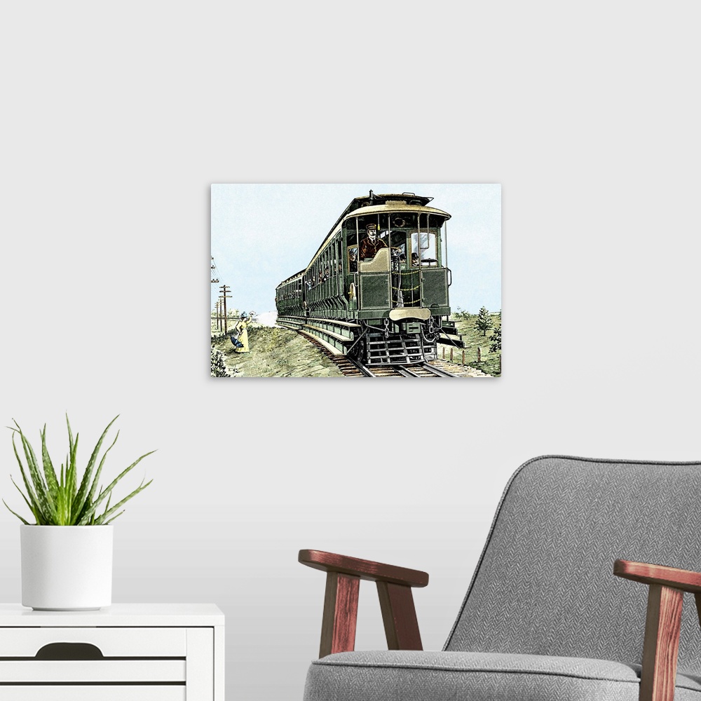 A modern room featuring Early electric train. Historical artwork of an early electric train used in Connecticut, USA. Thi...